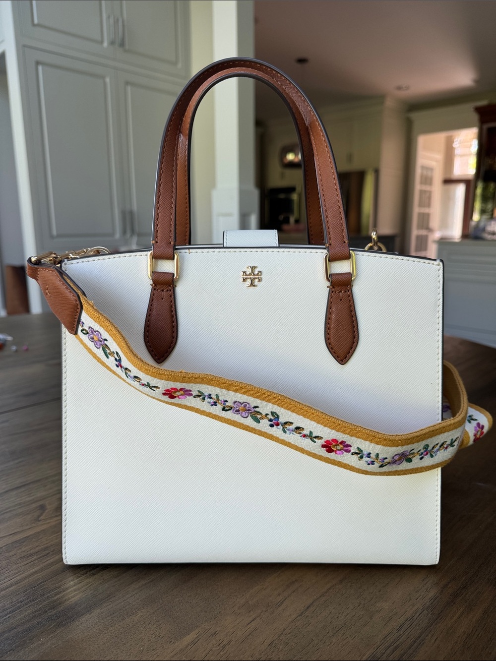 Tory Burch Cream Leather Satchel with Brown Handles and Yellow Floral Strap - Picture 10 of 14